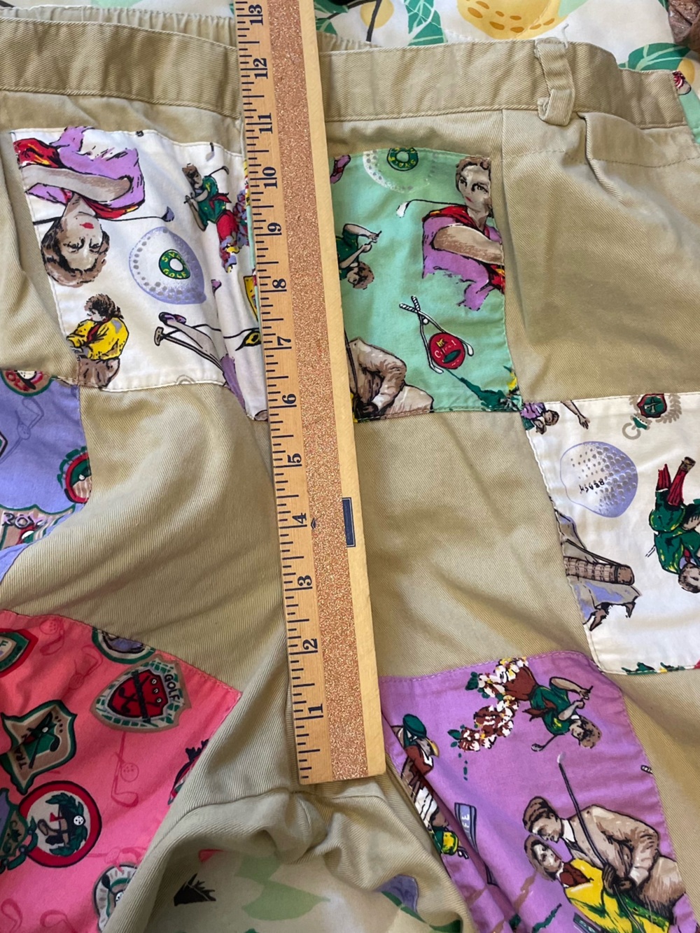 PatchIt Golf Print Patchwork Khaki Cotton Shorts Size Large Funky Retro - Picture 14 of 14